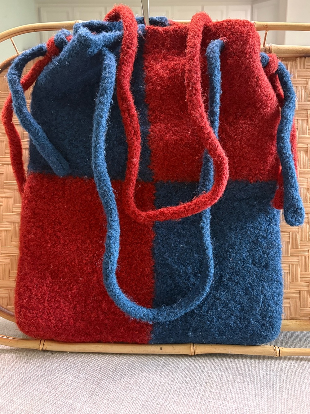 Vintage Handmade Felted Wool Colorblock Tote Bag / Bucket Purse Red & Navy Blue